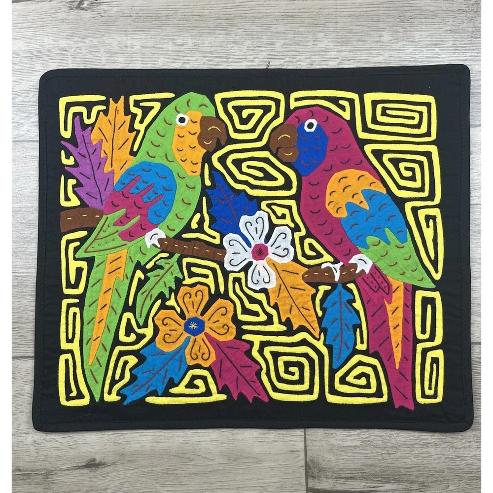 Vintage Mola Kuna Parakeet Birds Tropical Panama Star Folk Art Wall-Art Placemat